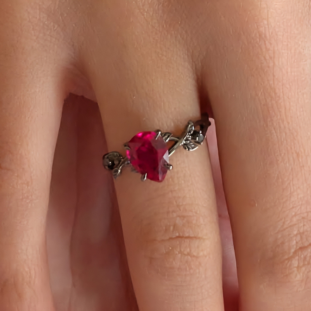 925 Sterling Silver Ring with Rhodium Plating, Pear shaped Ruby - US size 6.5